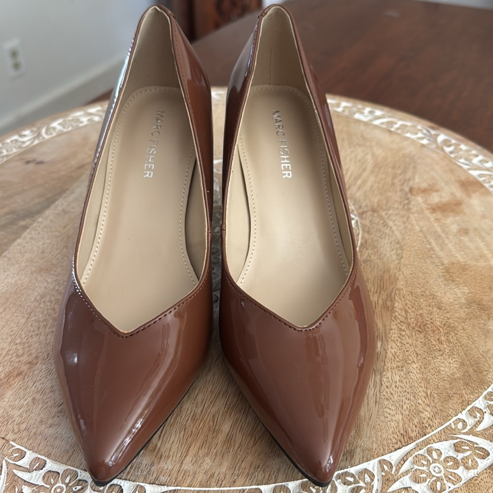Marc Fisher Brown Patent Pointed-Toe Pumps - Picture 9 of 11